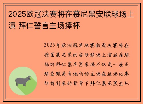2025欧冠决赛将在慕尼黑安联球场上演 拜仁誓言主场捧杯 2025欧冠决赛将在慕尼黑安联球场上演 拜仁誓言主场捧杯